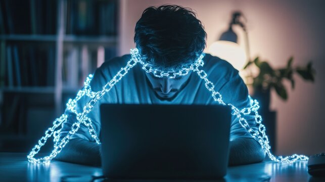 Man chained to laptop