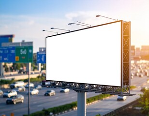 A prominent, blank billboard ready for custom advertising, marketing, or branding designs. Perfect for mockups and presentations. An empty billboard against a city skyline, offering a clean space for 
