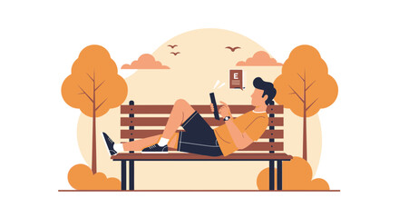 Obraz premium Relaxing Man On Bench In Park Using Mobile Phone Checking Online Content