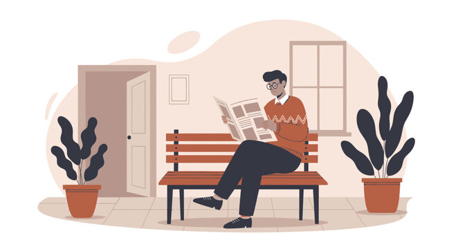 Relaxing Moment Man Reading Newspaper Sitting On Bench Minimalist Illustration