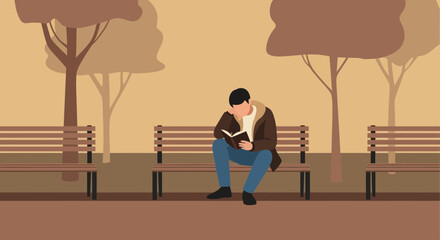 Solitary Reader Enjoying Literature In Autumn Park Scene Illustration