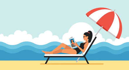 Obraz premium Woman Reading Magazine Under Umbrella on Beach Lounger Vacation Relaxation