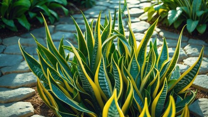 Obraz premium Aloe Vera plant with long, pointed, striped green and yellow leaves in a garden setting.