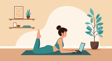 Fototapeta premium Woman Doing Yoga While Working On Laptop At Home In A Modern Minimalist Setting