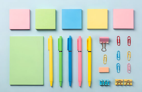 Overhead view of colorful stationery including pens sticky notes paperclips and binder clips on blue