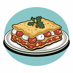 Delicious Lasagna Slice Illustration with Mozzarella and Tomato Sauce on Plate Against Blue Background