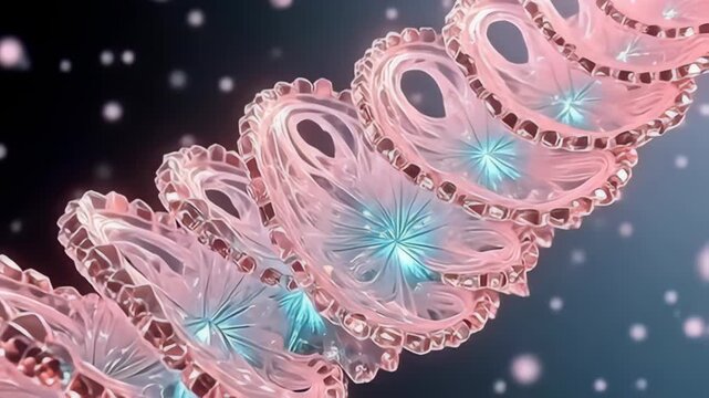 image angstrom brilliant coil particle inflate same blossoming clear flower, with colors of enamor cyan and smooth pink, elegantly circumvolve and inflate same angstrom ethereal body,