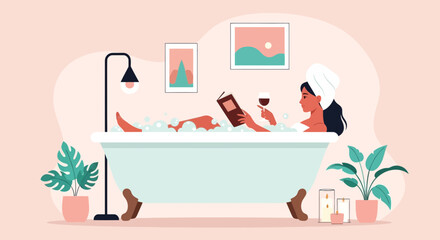 Woman Relaxes In Bathtub Reading A Book With A Glass Of Wine