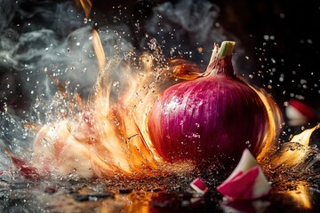 onion in explosive motion vibrant colors
