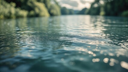 Fototapeta premium A river landscape with trees on both sides and light reflecting on the water surface. Tranquil nature scene. Water and surroundings. Nature and serenity.