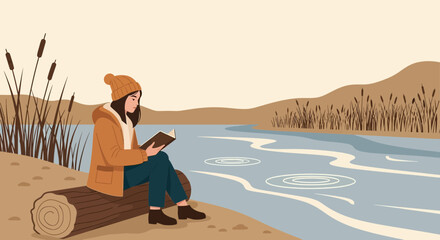 Woman Enjoying Leisure Time Reading A Book Beside Peaceful River Landscape