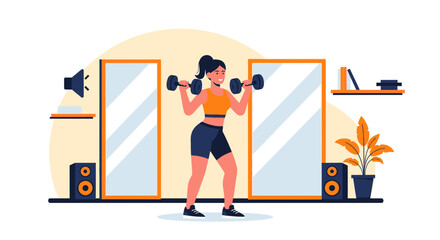 Strong Woman Doing Dumbbell Workout At Home Gym Training Session