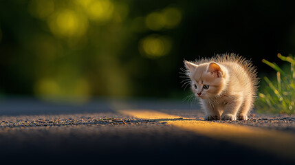 Adorable kitten exploring the outdoors, an adorable pet featuring fluffy, curious young feline