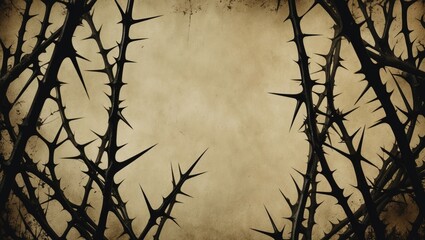 Thorny branches border a blank central space, creating a dark, ominous frame against a muted, aged background.