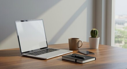 Clean and productive home office setup with a laptop, planner, mobile phone, cup of coffee, and indoor plant on a wooden desk, stock photography style.