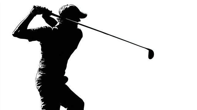 Silhouette of a person in a baseball cap mid-swing with a golf club on a white background