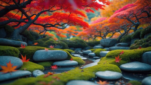 Autumn landscape with vibrant red and orange leaves, moss-covered rocks, and a tranquil stream in a Japanese garden setting during fall.