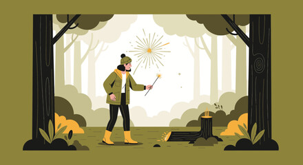 Woman Enjoying Sparkler Firework In Serene Forest Festive Outdoors Celebration