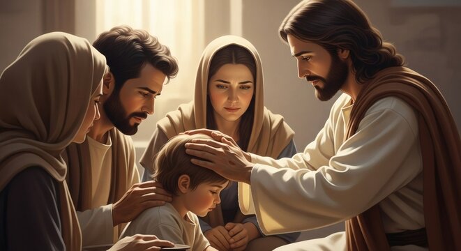 Jesus blesses a child surrounded by his family in a scene of love and hope