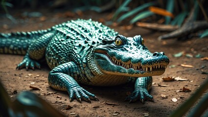 Obraz premium A young crocodile in a natural environment. Reptile and wildlife photography, nature scene. The concept of wildlife and reptiles.