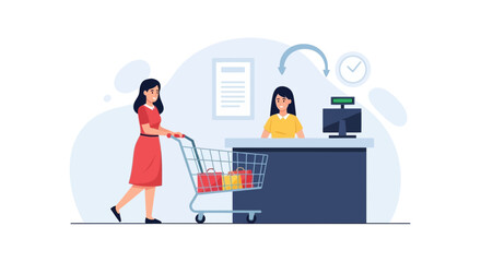 Fototapeta premium Woman Shopping At Grocery Store With Full Cart Checkout Illustration