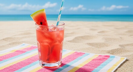 Refreshing red drink with watermelon slice on beach towel summer vacation beverage by the sea