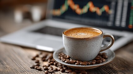 Coffee Cup and Laptop Displaying Social Media Advertising Analytics Graphs, Digital Marketing Tools Concept