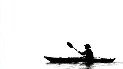 Kayaker silhouette on water, paddling with hat, simple and minimalist