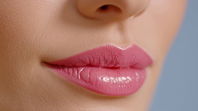 Golden hour in minimalist scene, Glossy pink lips in a close-up shot, showcasing smooth skin, detail, and cosmetics application.