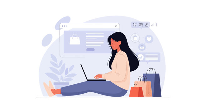 Woman Shops Online From Home With Laptop And Shopping Bags Illustration