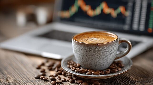 Coffee Cup and Laptop Displaying Social Media Advertising Analytics Graphs, Digital Marketing Tools Concept