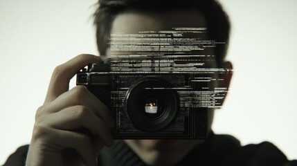 Man holding camera, digital code overlay