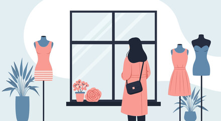 Stylish Woman Admiring Fashionable Dresses in a Boutique Window Display