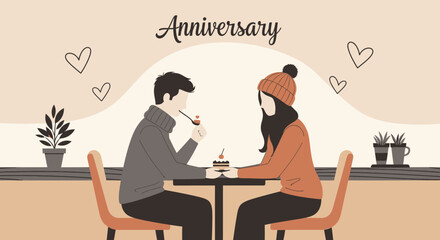 Fototapeta premium Romantic Anniversary Couple Enjoying Cake Together In Cafe Illustration Scene