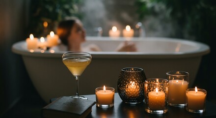Relaxing bath with candlelight and cocktail glass offering calm and home spa atmosphere
