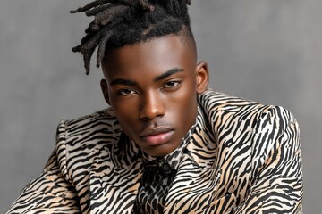Young black male fashion model wearing a zebra print jacket. Generative Ai