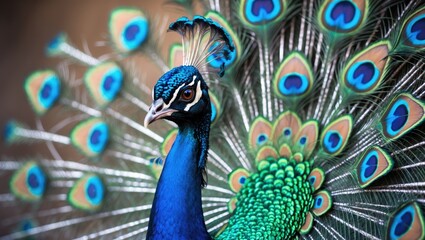 Obraz premium Peacock with vibrant blue feathers and eye-shaped patterns on its tail, showcasing its stunning display. Nature and wildlife, exotic bird, colorful plumage, attraction.