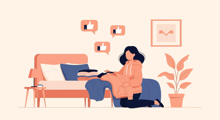 Woman Folding Clothes And Receiving Online Approval In Modern Bedroom