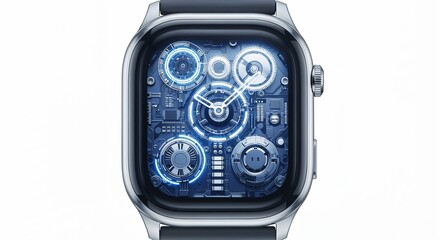 Smartwatch with a futuristic glowing blue mechanical watch face