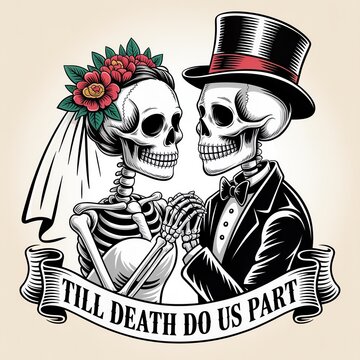 A whimsical illustration of skeletons in wedding attire, symbolizing eternal love with a gothic twist.