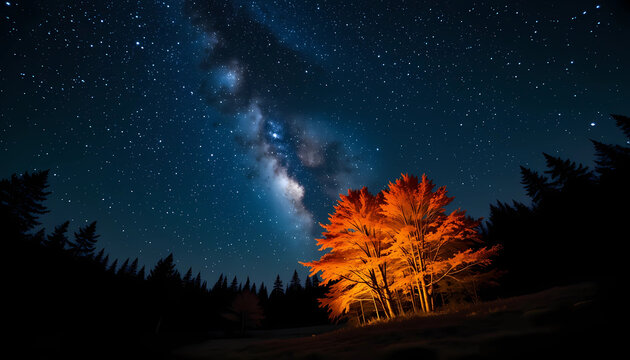 Illuminated tree under a starry sky with the milky way visible in a dark forest landscape view - Powered by Adobe