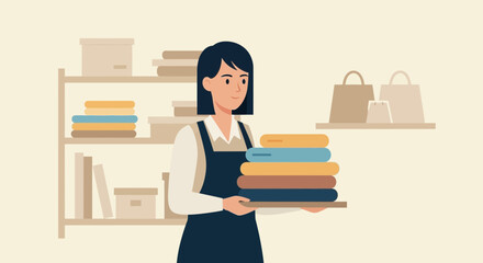 Woman Holds Stack Of Clothes In Organized Retail Environment Or Boutique