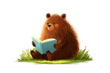 Adorable bear engrossed in reading