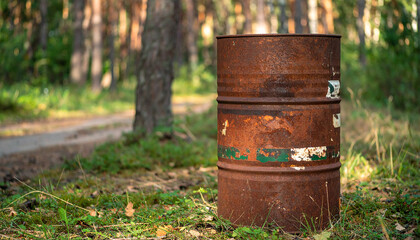 Naklejka premium Old rusty oil barrel in forest. Chemical product. Environmental pollution.
