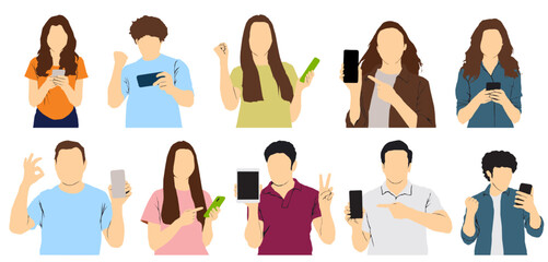 set of people with smart phones vector half isolated 