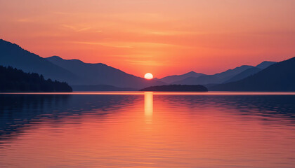 Sunset over a calm lake, warm orange and pink tones in the sky, reflections in water, silhouette of mountains, peaceful nature photography, ultra-clear, professional shot
