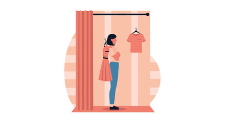 Woman Inside Clothing Store Fitting Room Deciding What To Wear Vector Illustration