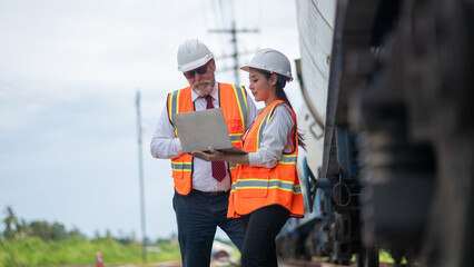 Engineer manager and a secretary working together railway track during inspection or routine...