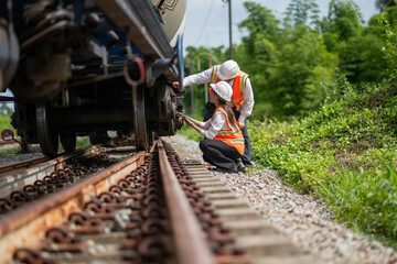 Engineer manager and a secretary working together railway track during inspection or routine maintenance gas or oil power industrial or transportation setting the rail train import export logistics