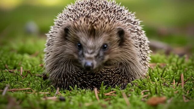 footage hedgehog sits on green moss, looking directly at the camera with a curious expression.